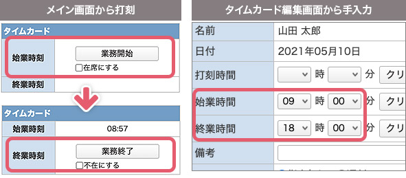 始業時間と終業時間の登録