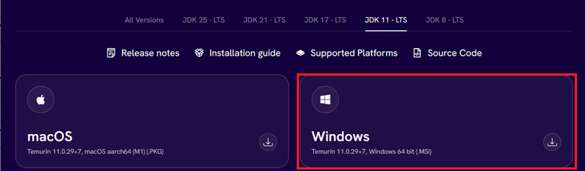 Temurinのダウンロード手順